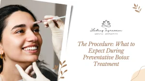 smiling young lady getting injection on her forehead