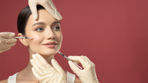 The girl smiles while injecting